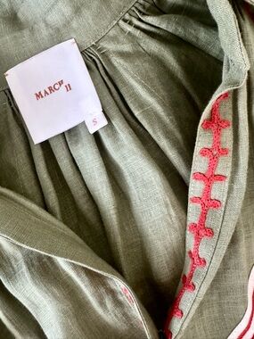 MARCH 11 Olive Green Embroidered Maxi Dress with Red Accent